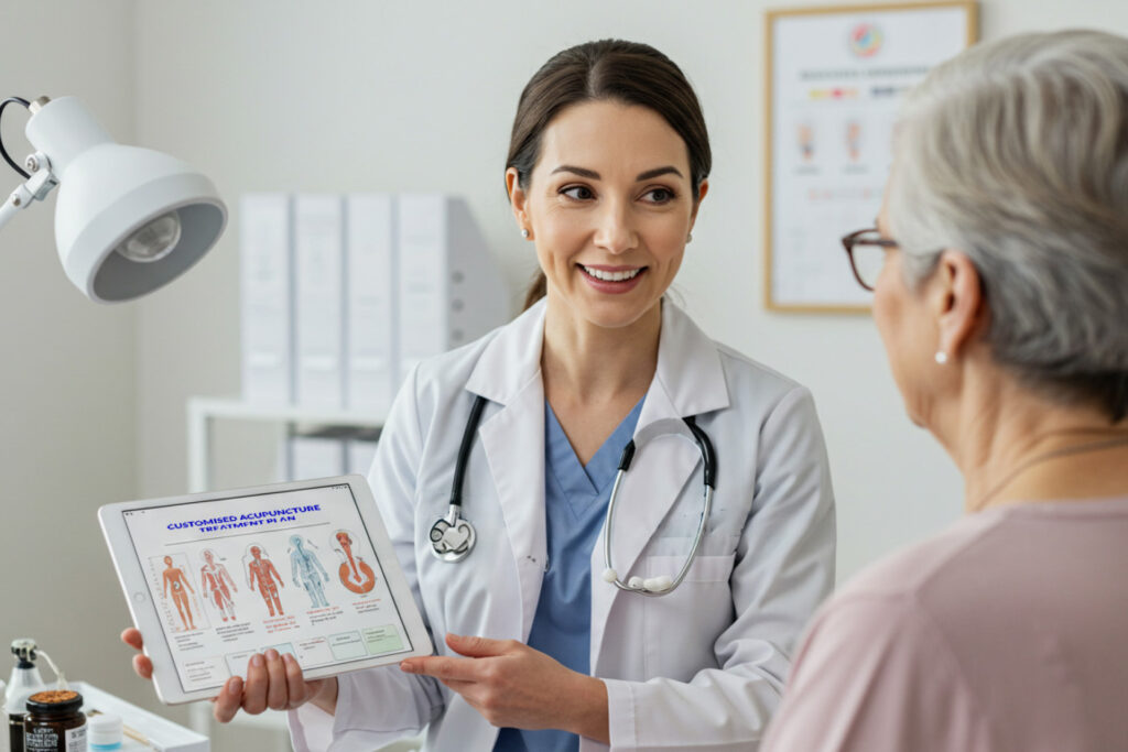 Licensed acupuncturist consulting with patient to create customized acupuncture treatment plan using Traditional Chinese Medicine approach